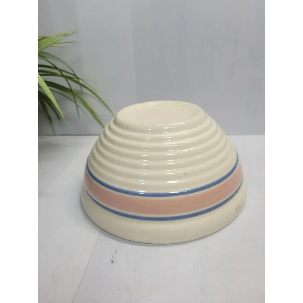 Vintage McCoy Hull Beehive Mixing Bowl Pink Blue Stripe Yellowware Stoneware 7
